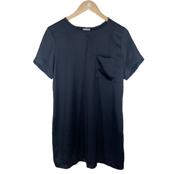 Zara Black Satin Short Sleeve Pocket Tee Size M Eyelash Hem Lightweight - Picture 1 of 11